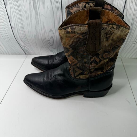 Vintage L.L. Bean Women’s 8 Cowboy Boots Black Leather Tapestry Western Boho USA - Picture 3 of 11